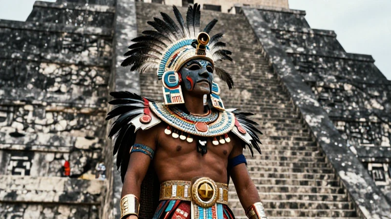 Guerreros aztecas en pirámide mesoamericana