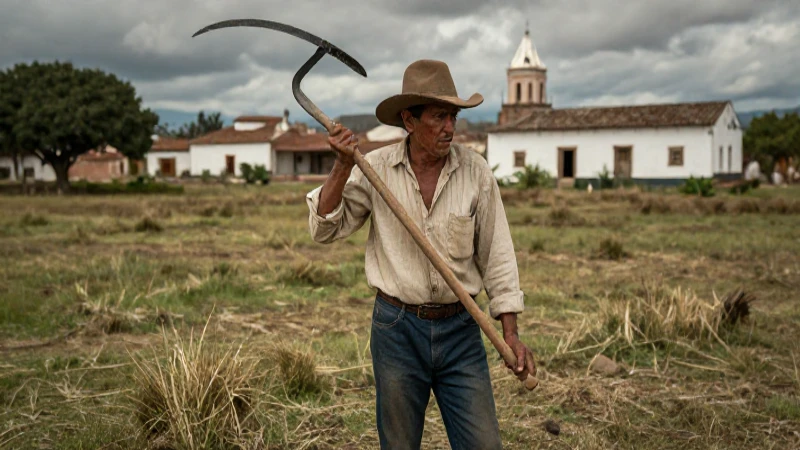 Peón cansado labra tierra en hacienda colonial
