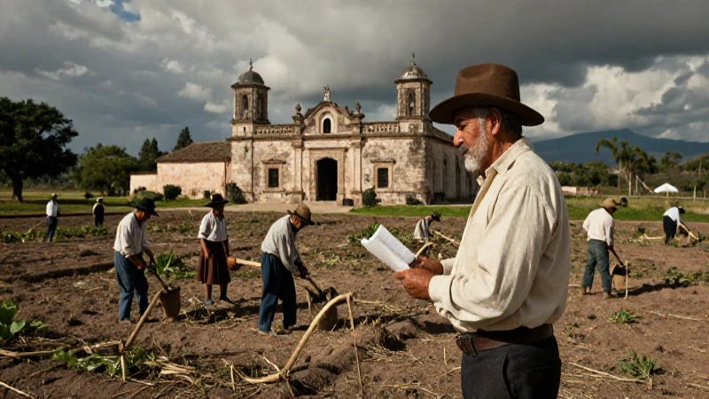 Hacendado colonial supervisando jornaleros en el campo