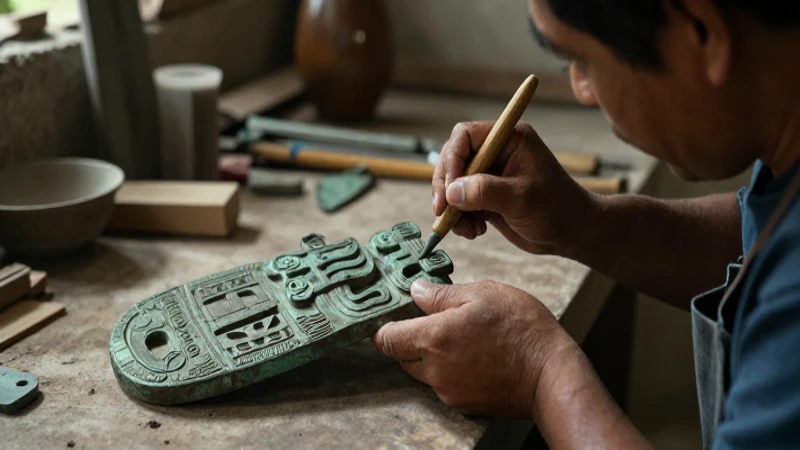 Artista azteca puliendo hacha de bronce en Tenochtitlan