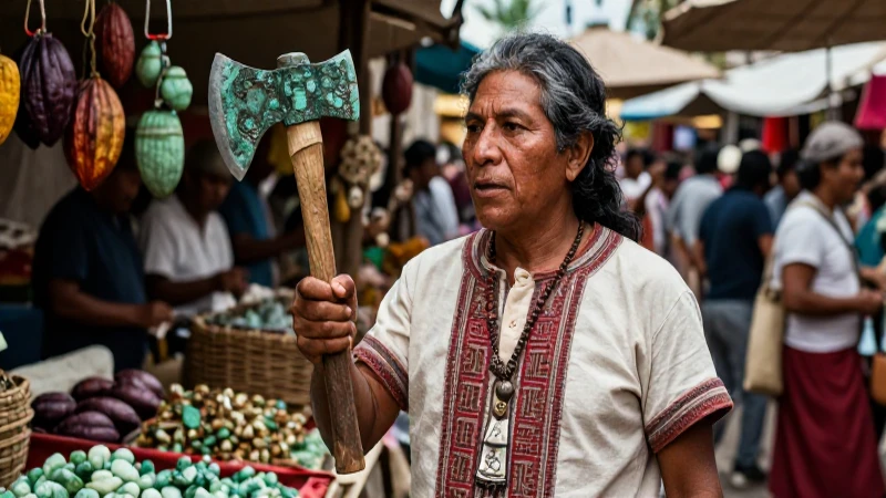 Comerciante mesoamericano con hacha y cacao en mercado histórico