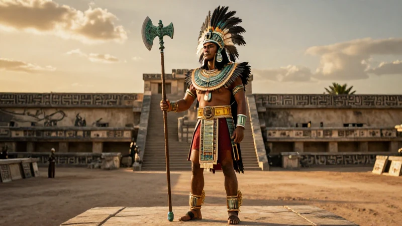 Guerrero azteca con atuendo plumas sostiene un hacha
