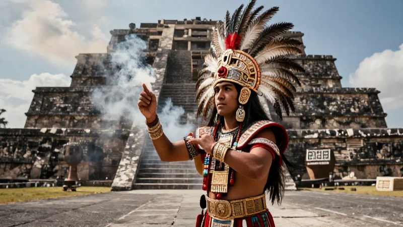 Sacerdote azteca ritual en Templo Mayor con detalle