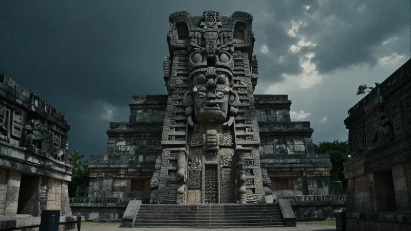 Coyolxauhqui en templo mexica con luz dramática