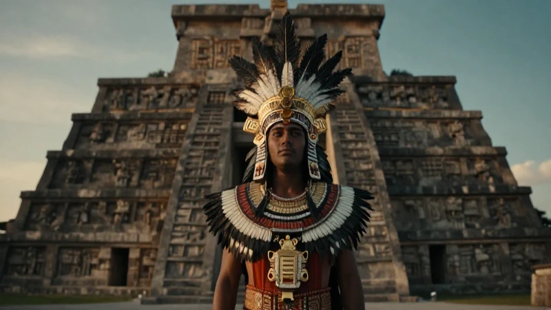 Sacerdote azteca en templo monumental al anochecer