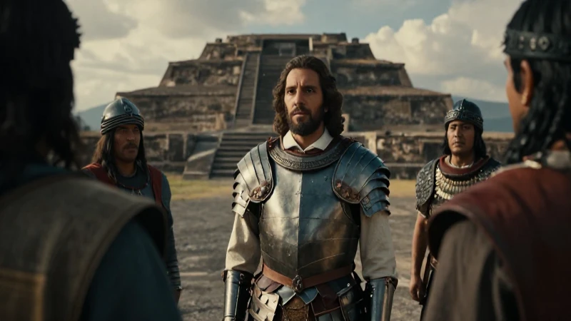Cortés en Tenochtitlan con guerreros mexicas