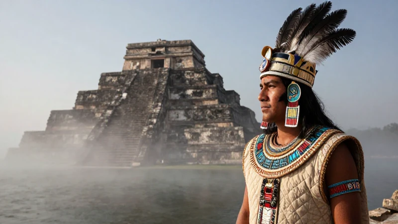Guerrero azteca ante el Templo Mayor ancestral