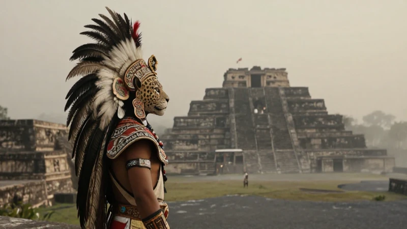 Guerrero jaguar azteca en Templo Mayor, niebla