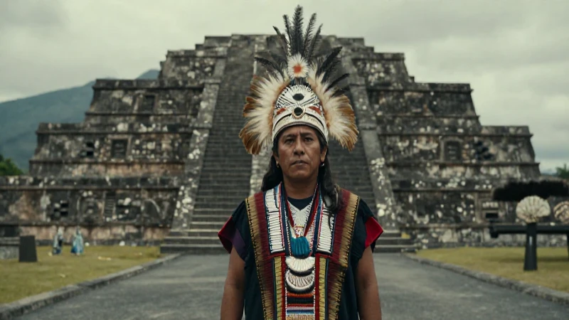 Hombre tolteca dignificado frente a templo precolombino