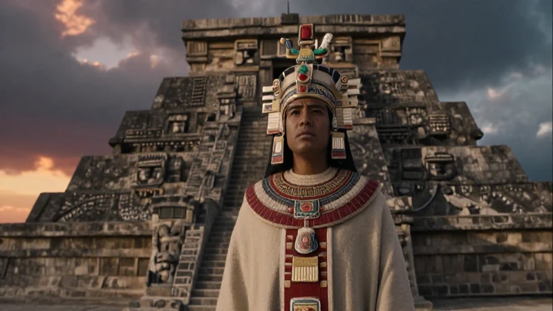Sacerdote azteca en templo monumental al atardecer