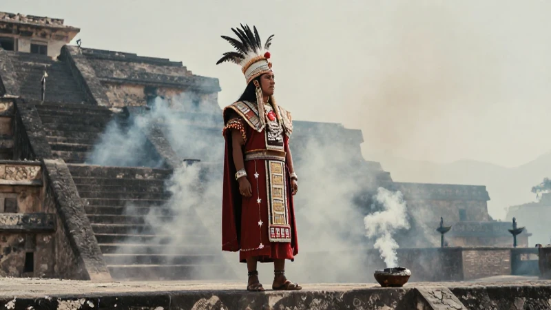 Sacerdote mexica ante el Templo Mayor al amanecer