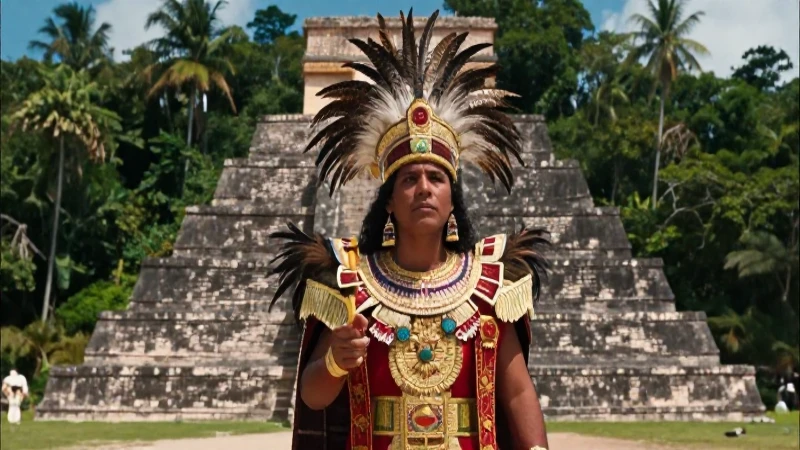 Cuál es la historia de la Zona Arqueológica de Tajín en Veracruz 52 Sacerdote en Tajín ante pirámide mesoamericana