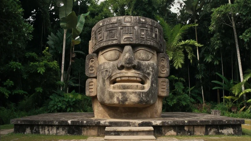 Cabeza colosal de Olmec en selva densa