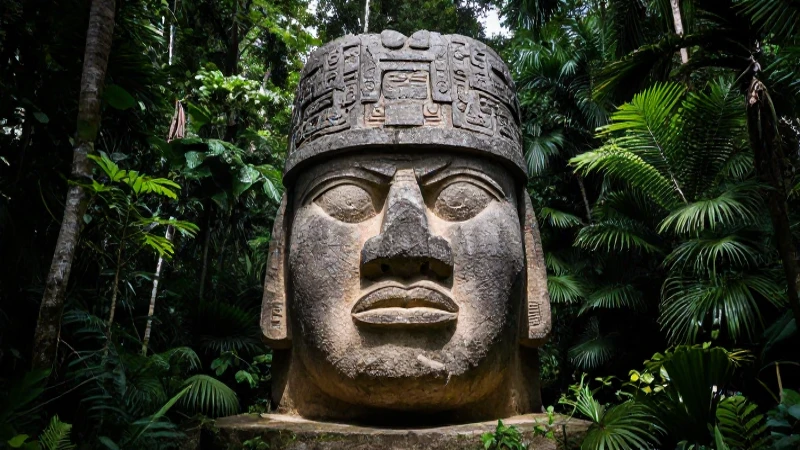 Cabeza de Olmec de basalto bajo la selva