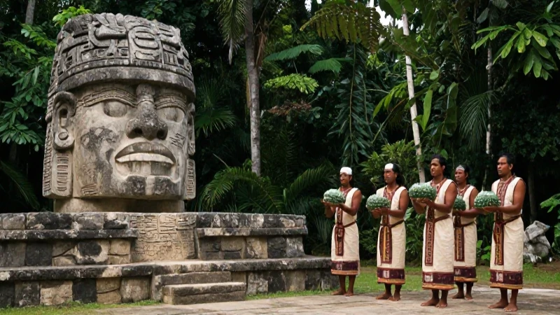 Cabezas Olmec observando ofrendas de jade