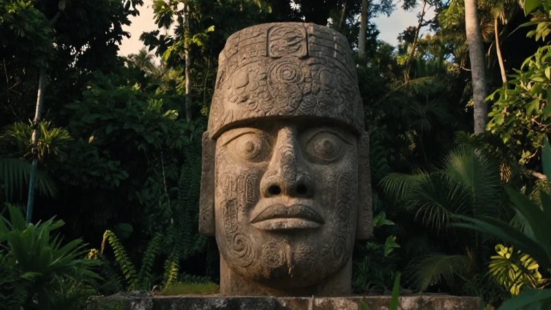 Cabeza olmeca monumental en selva con luz dorada