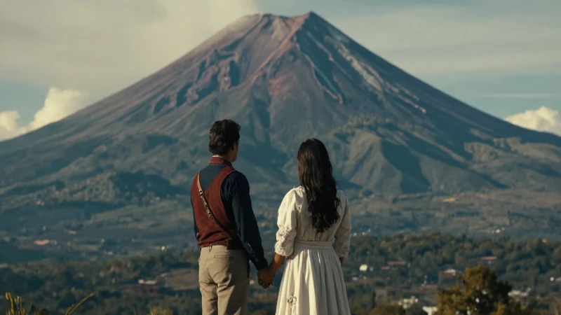<strong>Leyenda de los Volcanes: Popocatépetl e Iztaccíhuatl</strong> 8 Pareja azteca en paisaje volcánico dramático