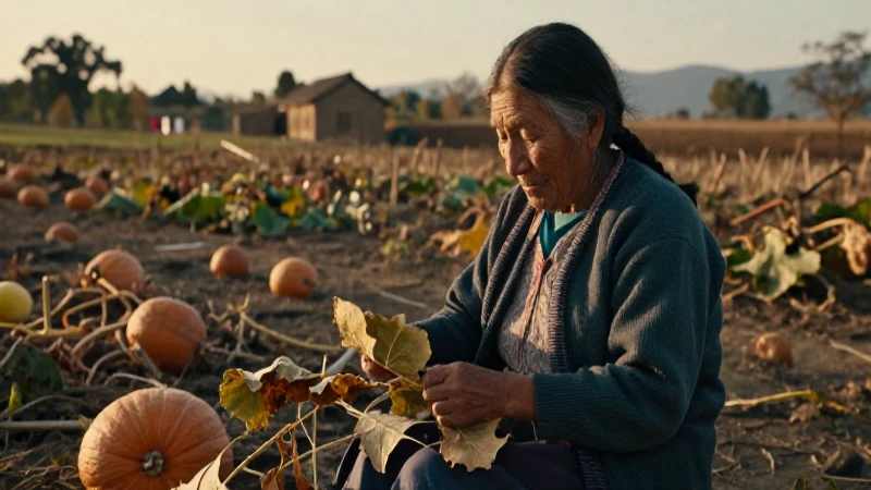 Cómo se pueden aprovechar creativamente las hojas de calabaza 7 Mujer indígena teje con hojas de calabaza en paisaje rural