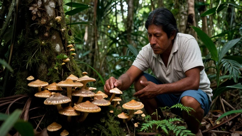 Campesino mexicano examina hongos tóxicos en la selva