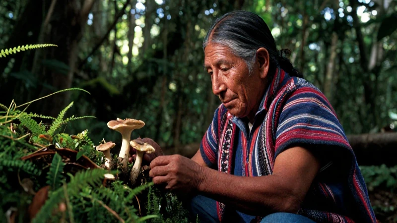 Anciano indígena examina hongos en bosque mexicano