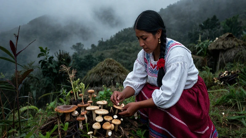 Mujer mexicana recogiendo setas en bosque brumoso