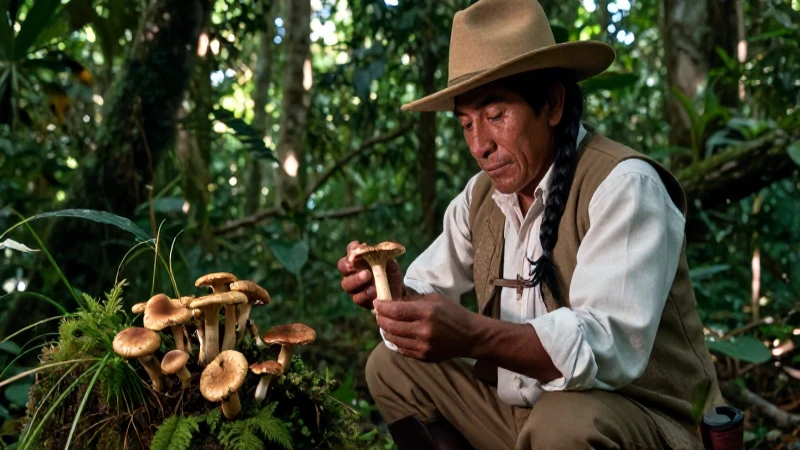 Campesino examina hongos bajo luz mística de Nueva España