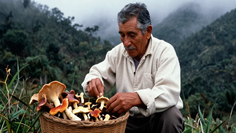 anciano mexicano recolectando hongos en la naturaleza