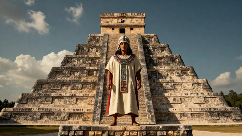 Poderoso gobernante Mexica en pirámide antigua al atardecer