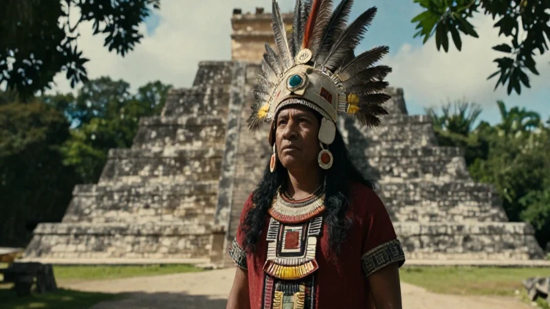 Sacerdote mesoamericano ante majestuosa pirámide antigua