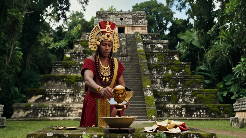 Sacerdote maya ofrece ritual frente a pirámide