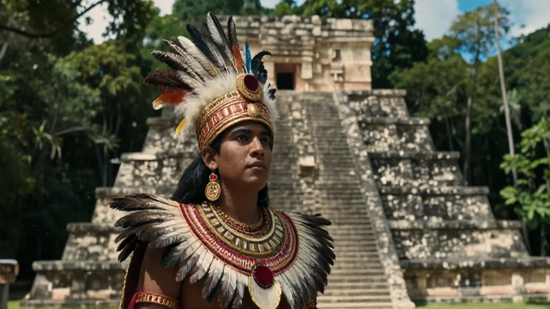 Noble maya en majestuoso templo selvático