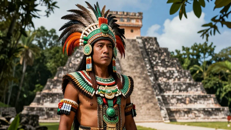 Régulo maya majestuoso frente a pirámide en luz dorada