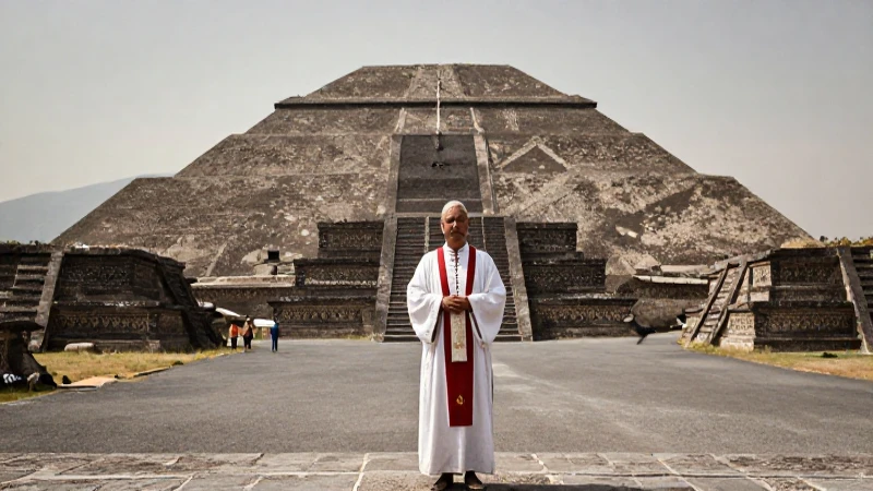 Sacerdote en Teotihuacán ante la Gran Pirámide del Sol