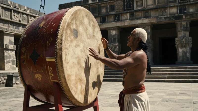 Sacerdote mexica toca tambor en templo antiguo