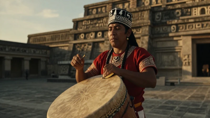 Sacerdote mexica toca el tambor Huehuetl