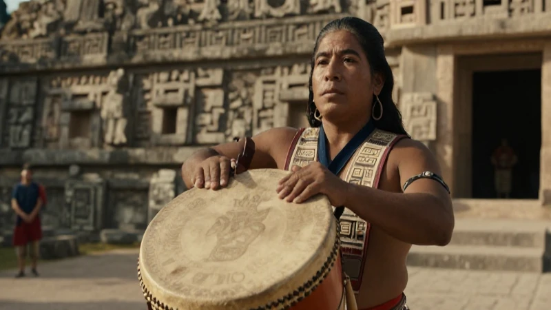 Músico mexica con Huehuetl en templo antiguo