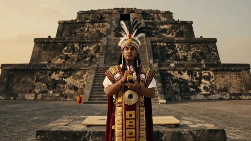 Sacerdote mexica en ritual ante altar monumental
