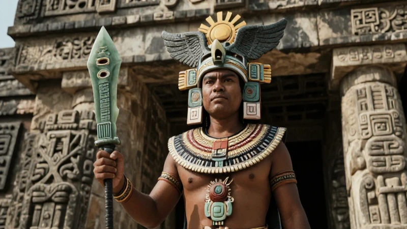 Guerrero azteca en templo con armas de obsidiana