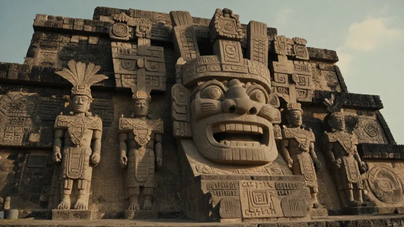 Huitzilopochtli: La escultura emblemática del Templo Mayor 3 Aztecas en Templo Mayor al atardecer