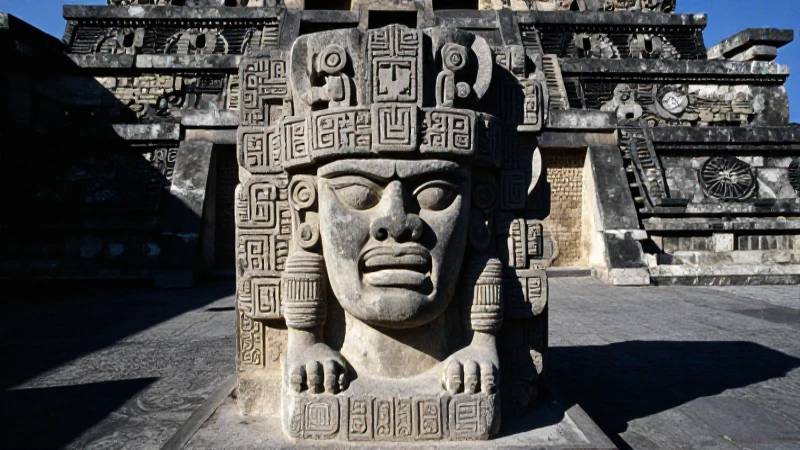 Huitzilopochtli: La escultura emblemática del Templo Mayor 2 Estatua azteca colossal bajo luz dramática