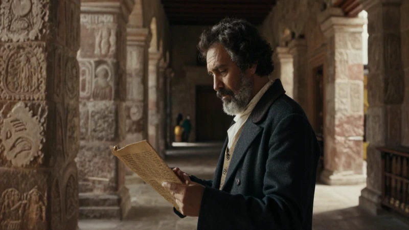 Estudioso colonial leyendo textos antiguos