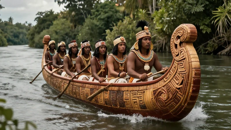 Proceso fúnebre Maya con canoa ceremonial histórica