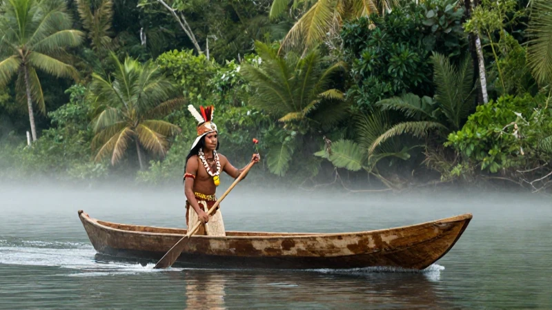 Navegante Maya en canoa por laguna brumosa