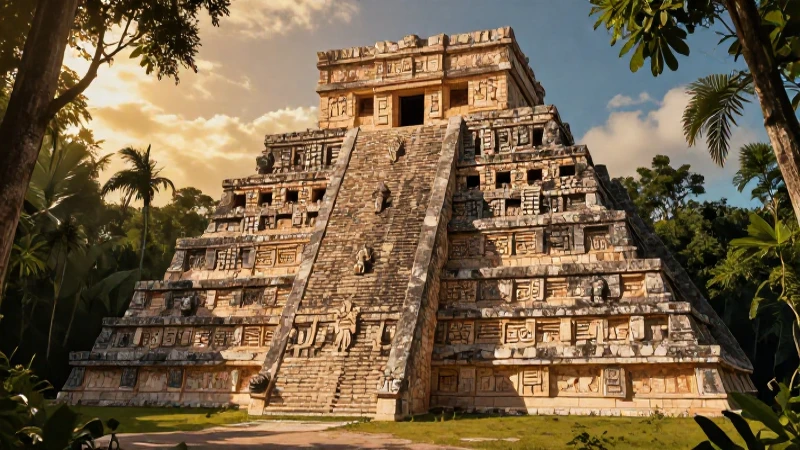 Rey maya en majestuosa pirámide histórica