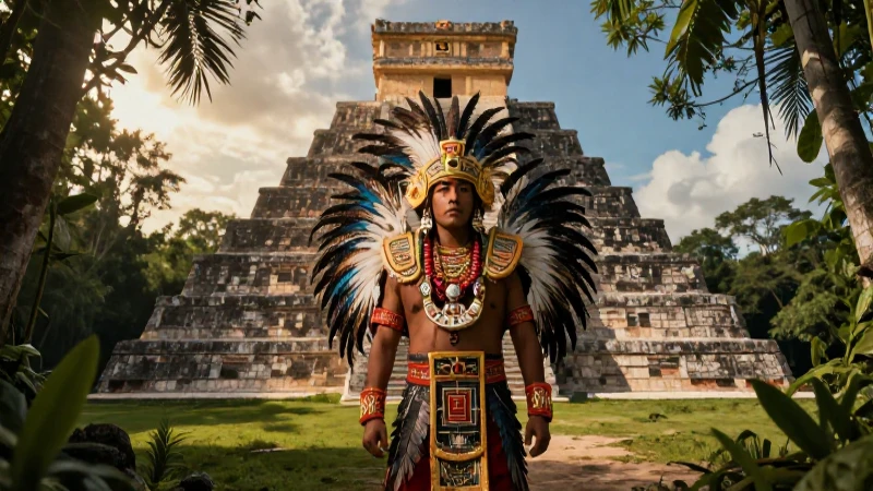 Rey maya majestuoso junto a pirámide