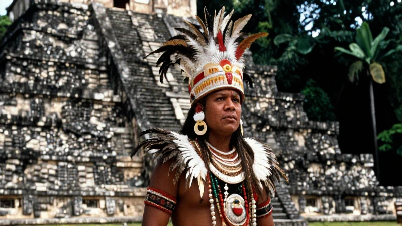 Noble maya ante pirámide y selva