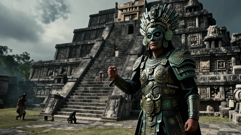 Guerreiro mesoamericano en templo azteca con ritual