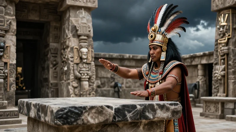 Sacerdote azteca en altar ritual, atmósfera dramática