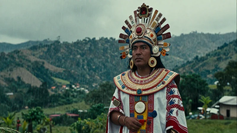 Tláloc, dios azteca, bajo lluvia épica y dramática