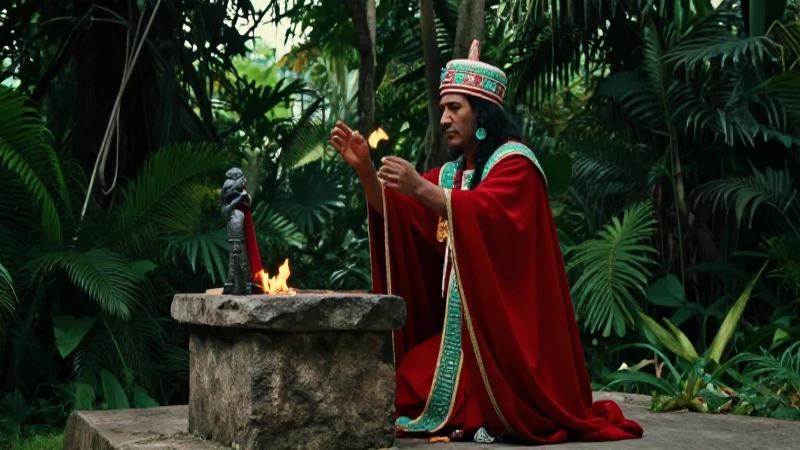 Sacerdote mexica en ritual dentro de la selva